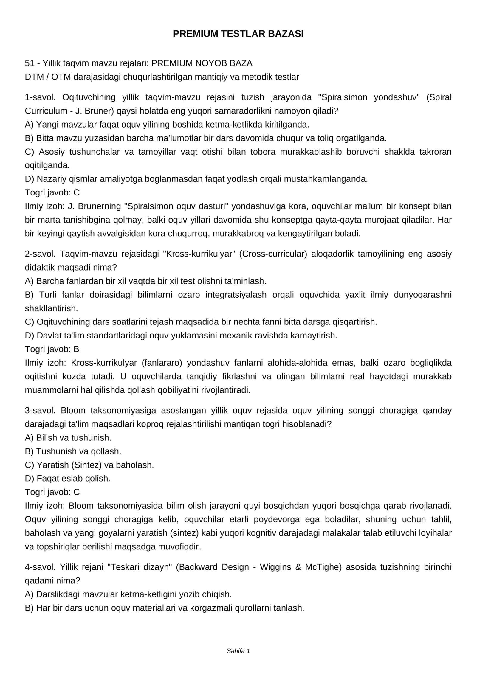 PREMIUM TESTLAR BAZASI