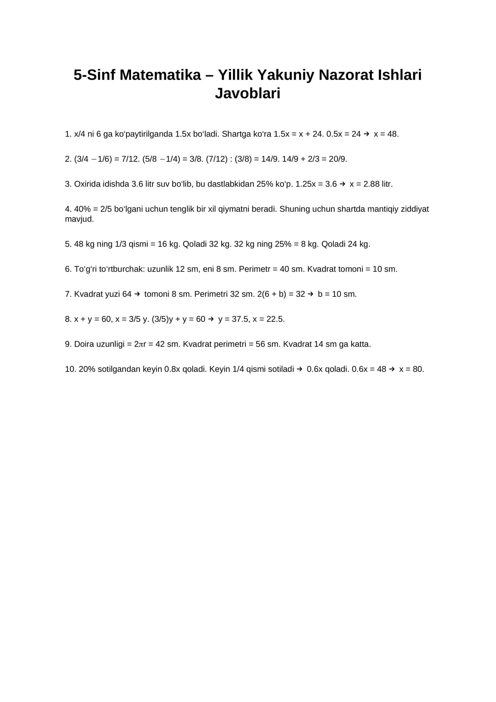 5-Sinf Matematika – Yillik Yakuniy Nazorat Ishlari 1