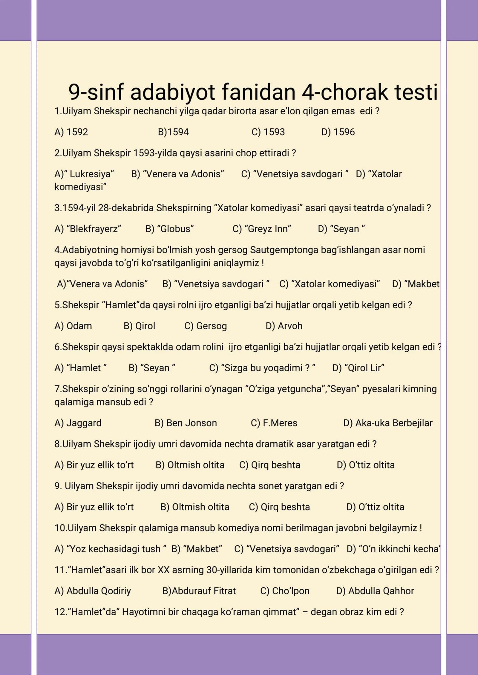 9-sinf adabiyot fanidan 4-chorak testi