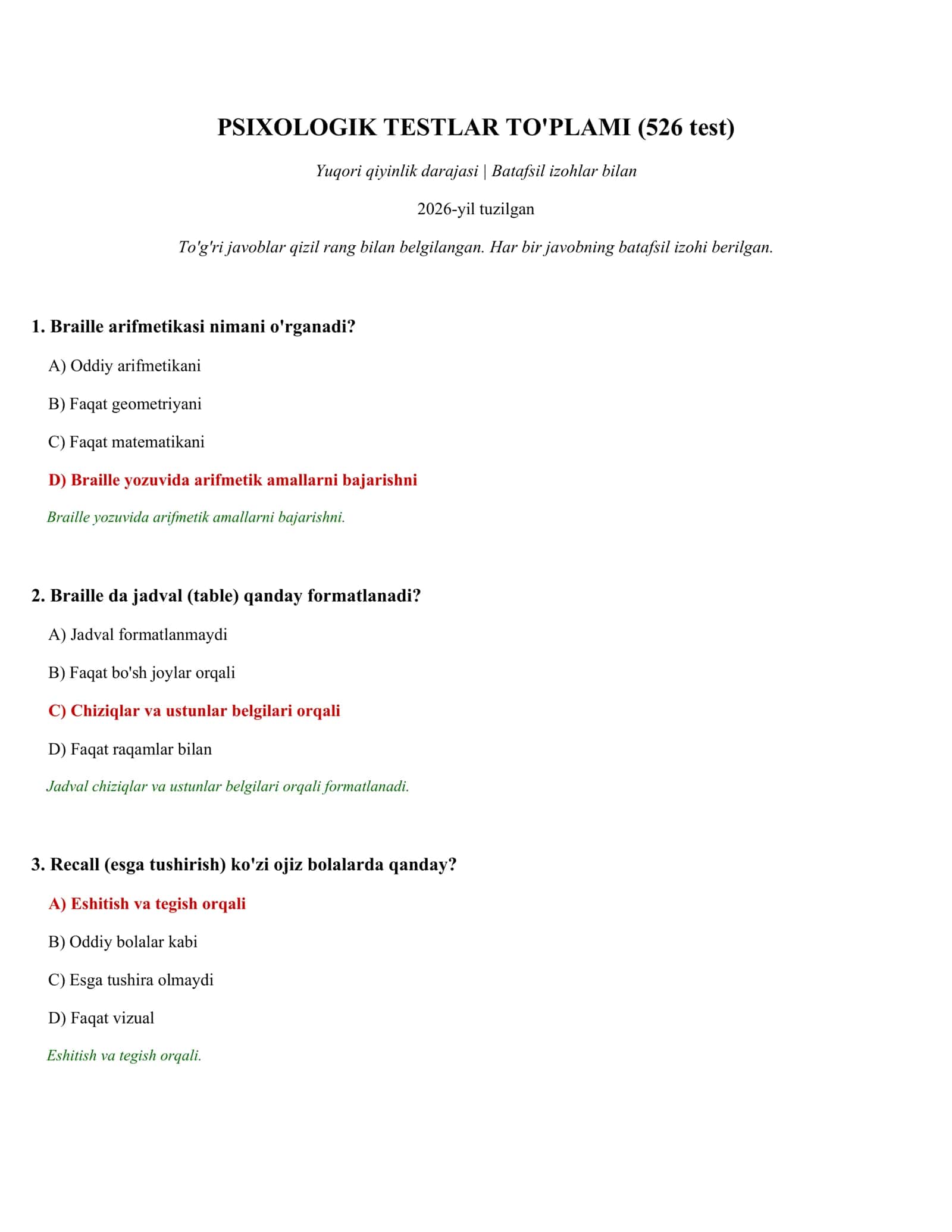 PSIXOLOGIK TESTLAR TO'PLAMI (526 test)