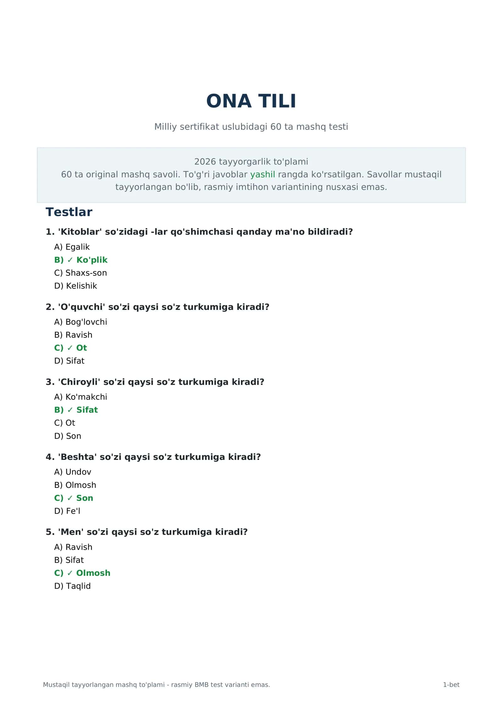 🔥 ONA TILI FANIDAN MILLIY SERTIFIKATGA TAYYORLOV | 60 TA TEST + TO‘G‘RI JAVOBLAR | 2026 ✍️