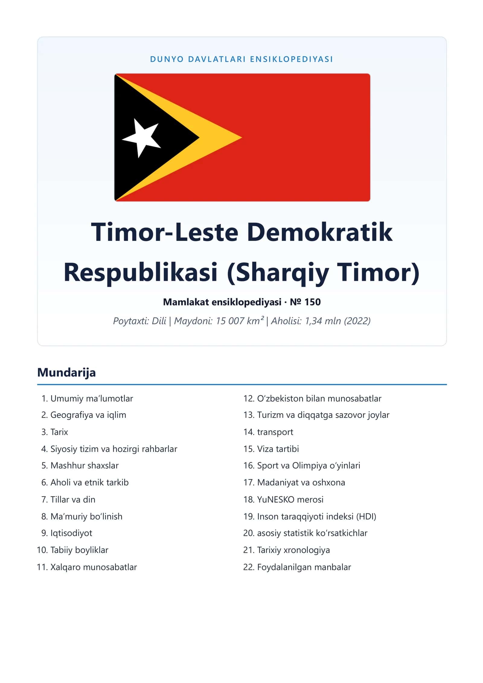 DUNYO DAVLATLARI ENSIKLOPEDIYASI Timor-Leste Demokratik Respublikasi