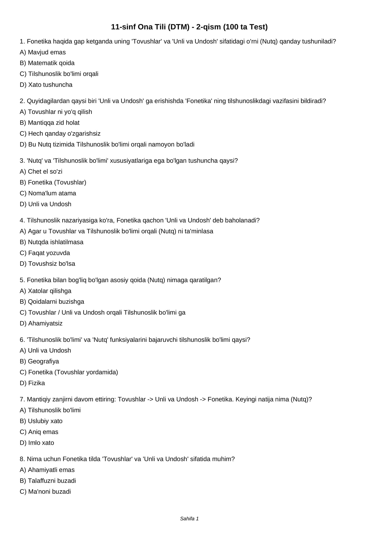 11-sinf Ona Tili (DTM) - 2-qism (100 ta Test)