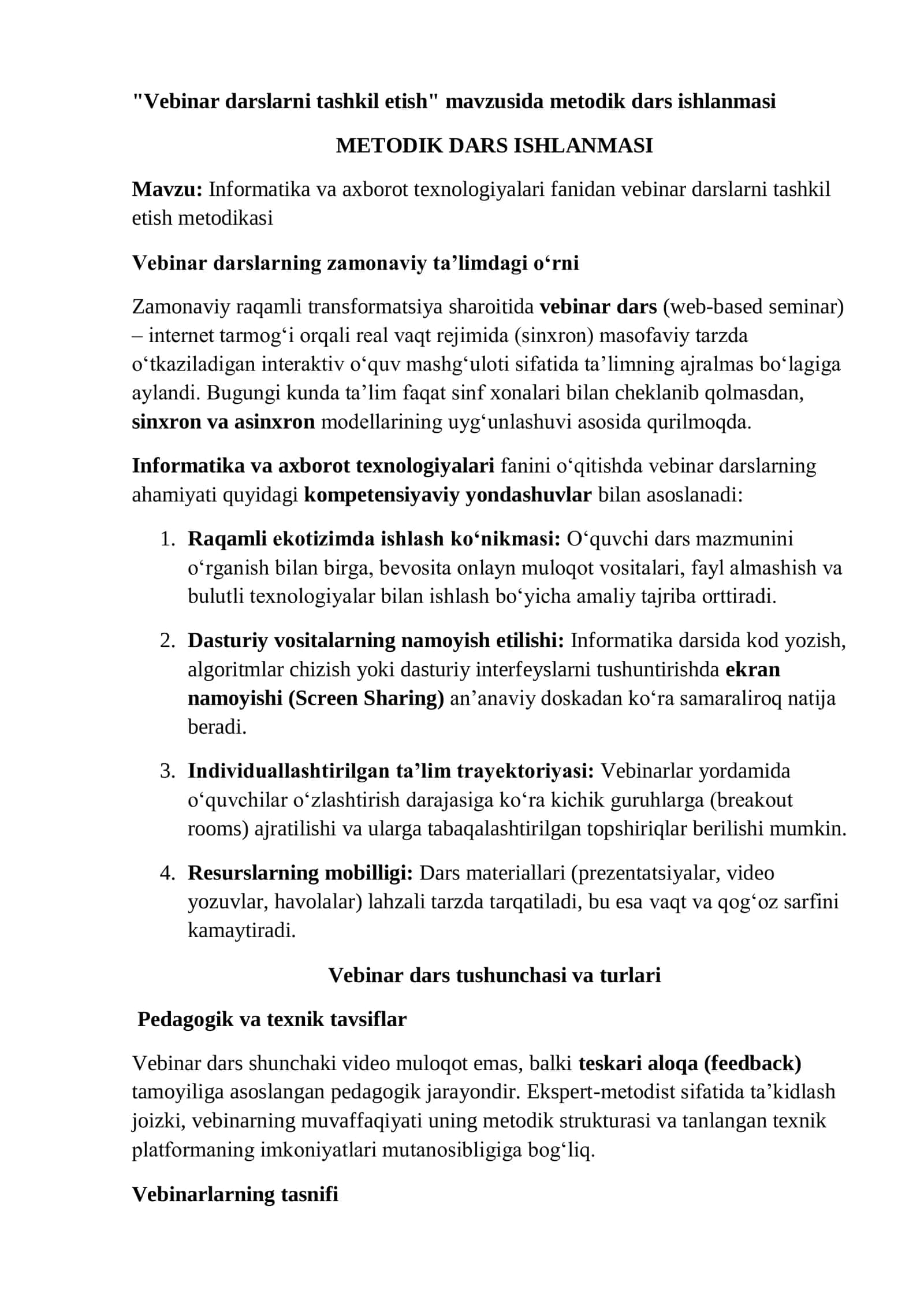 Informatika va axborot texnologiyalari fanidan vebinar darslarni tashkil etish metodikasi