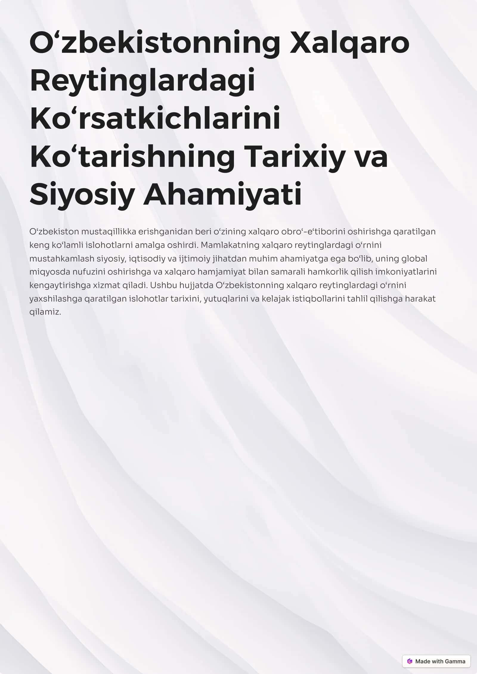 O‘zbekistonning Xalqaro Reytinglardagi Ko‘rsatkichlarini Ko‘tarishning Tarixiy va Siyosiy Ahamiyati