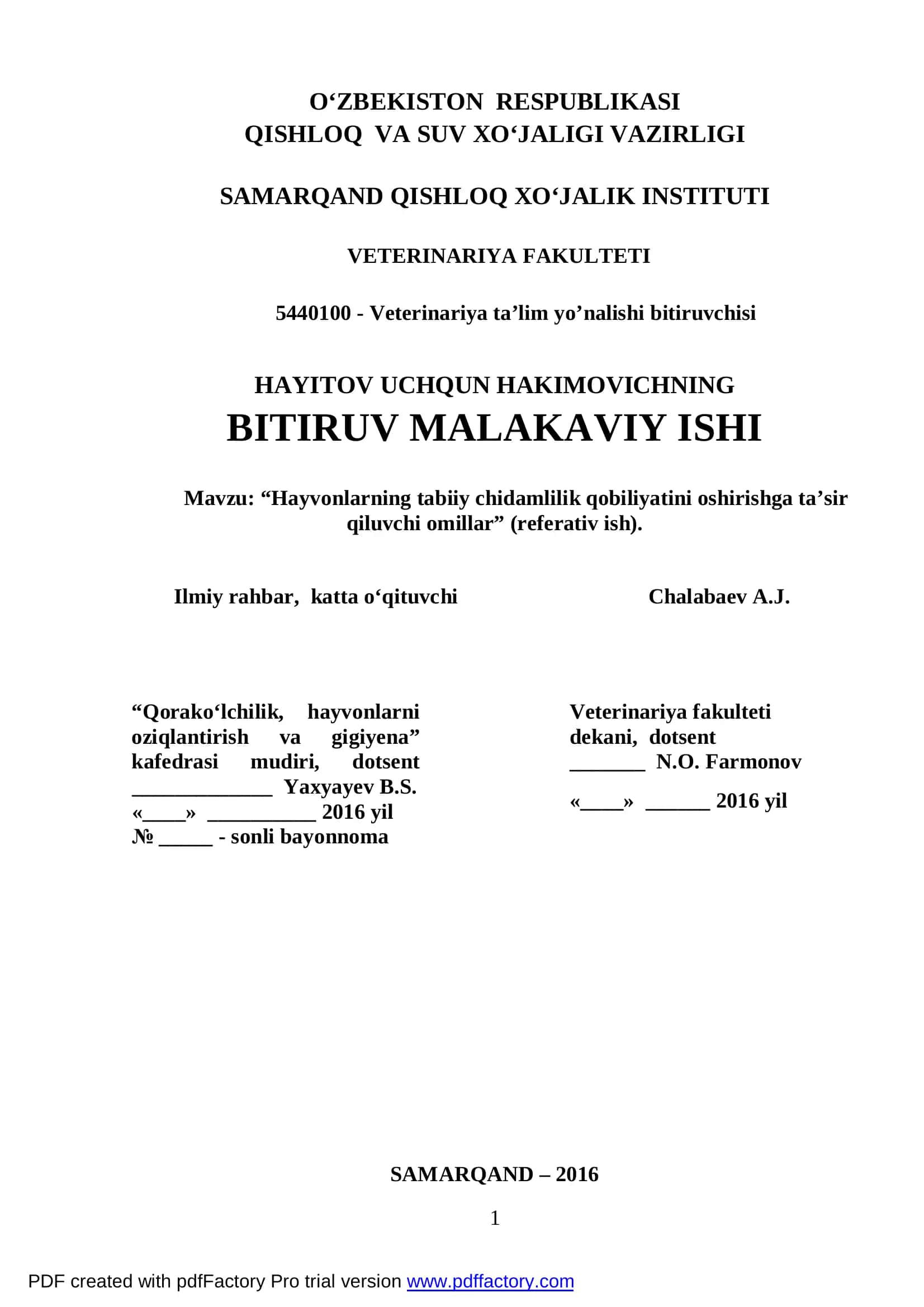 Veterinariya ta’lim yo’nalishi bitiruvchisi