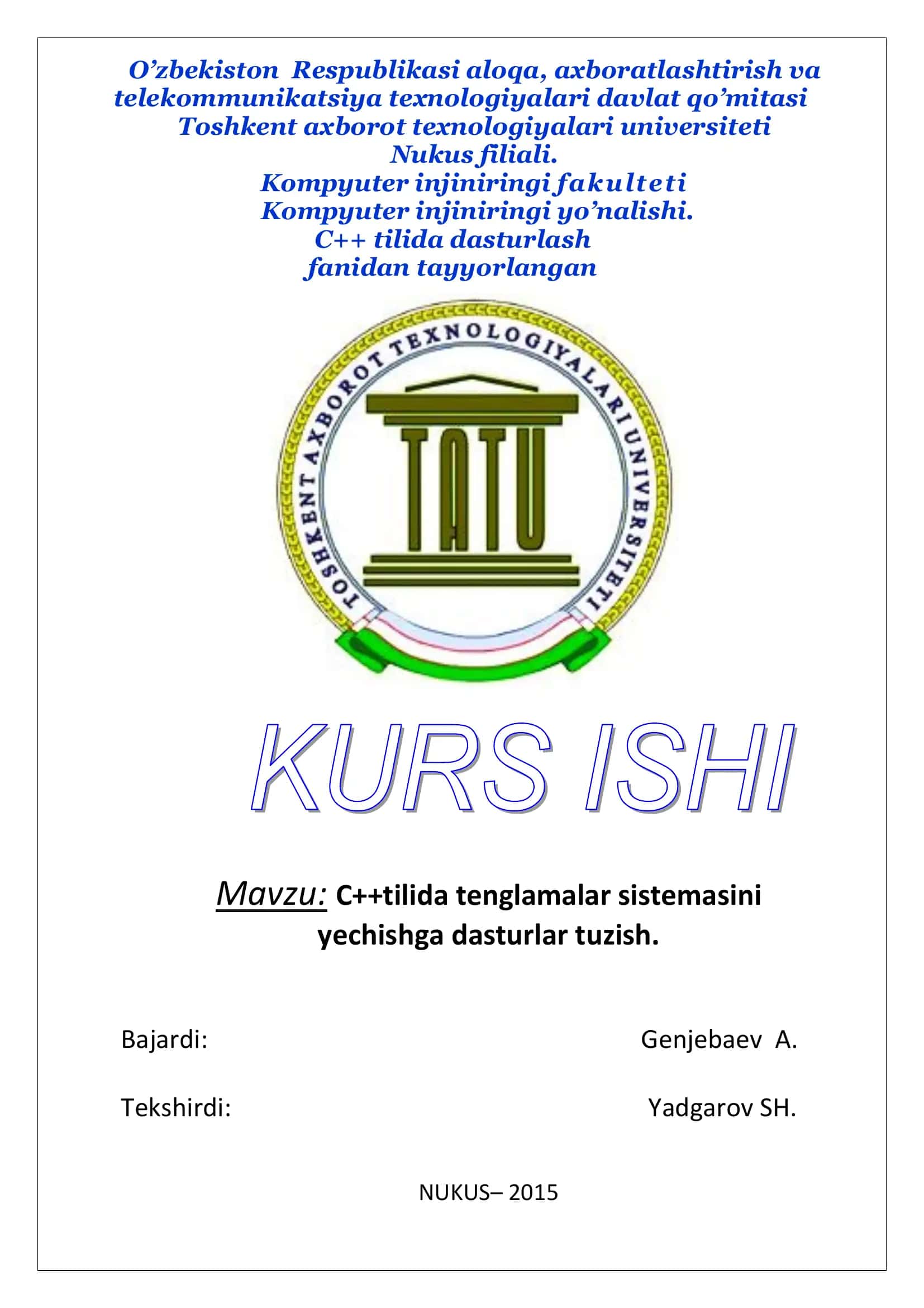 Dasturlash fanidan tayyorlangan