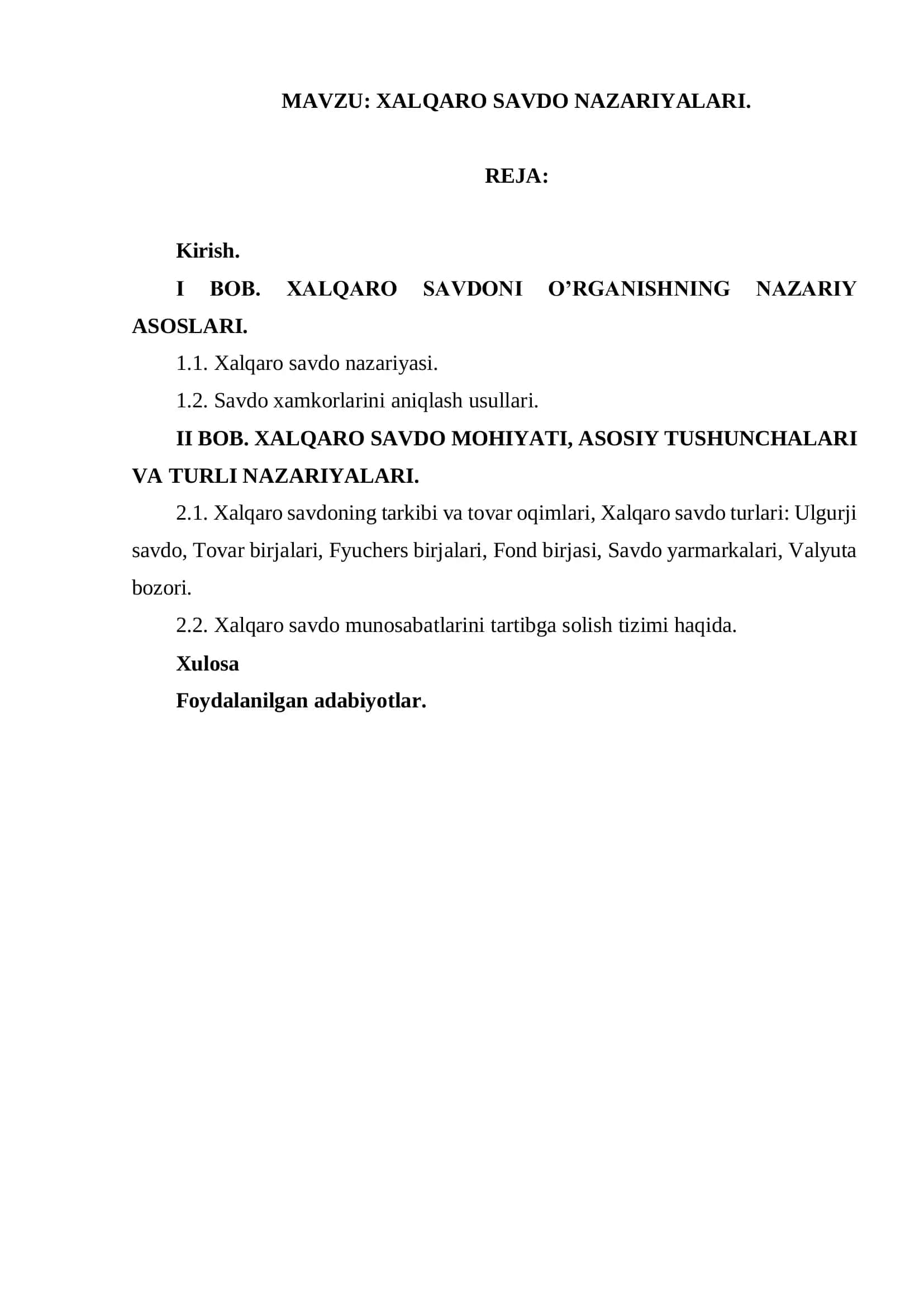 XALQARO SAVDO NAZARIYALARI