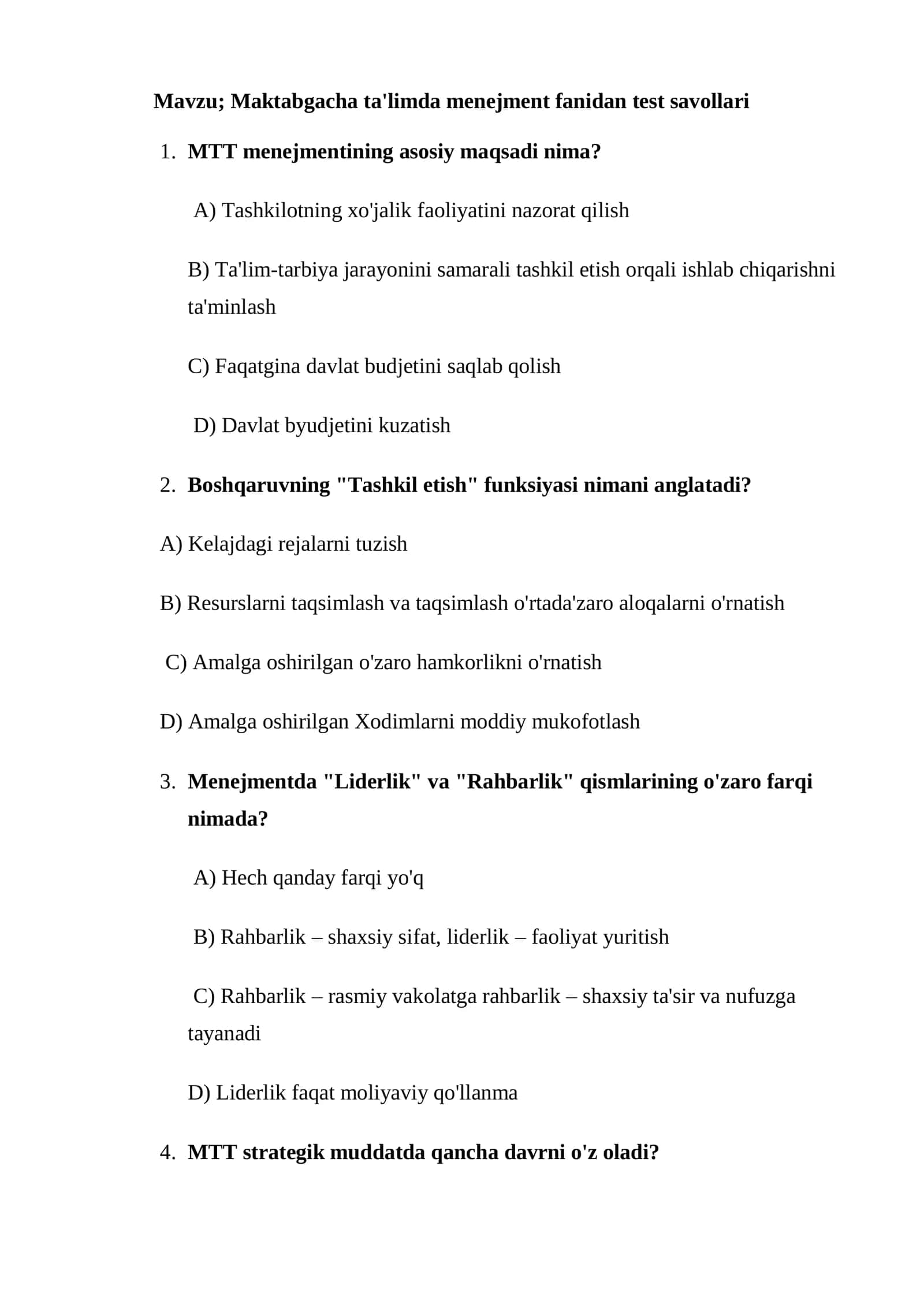 Maktabgacha ta'limda menejment fanidan test savollari