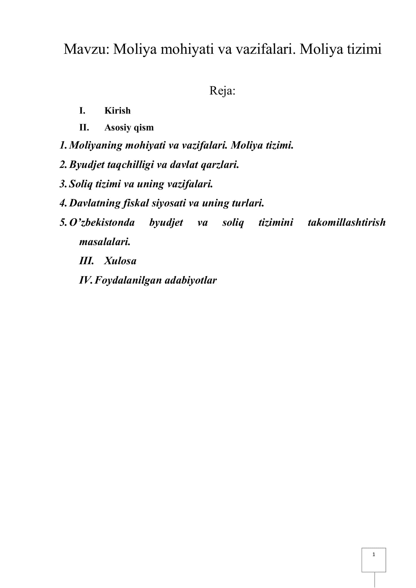 Moliya mohiyati va vazifalari. Moliya tizimi