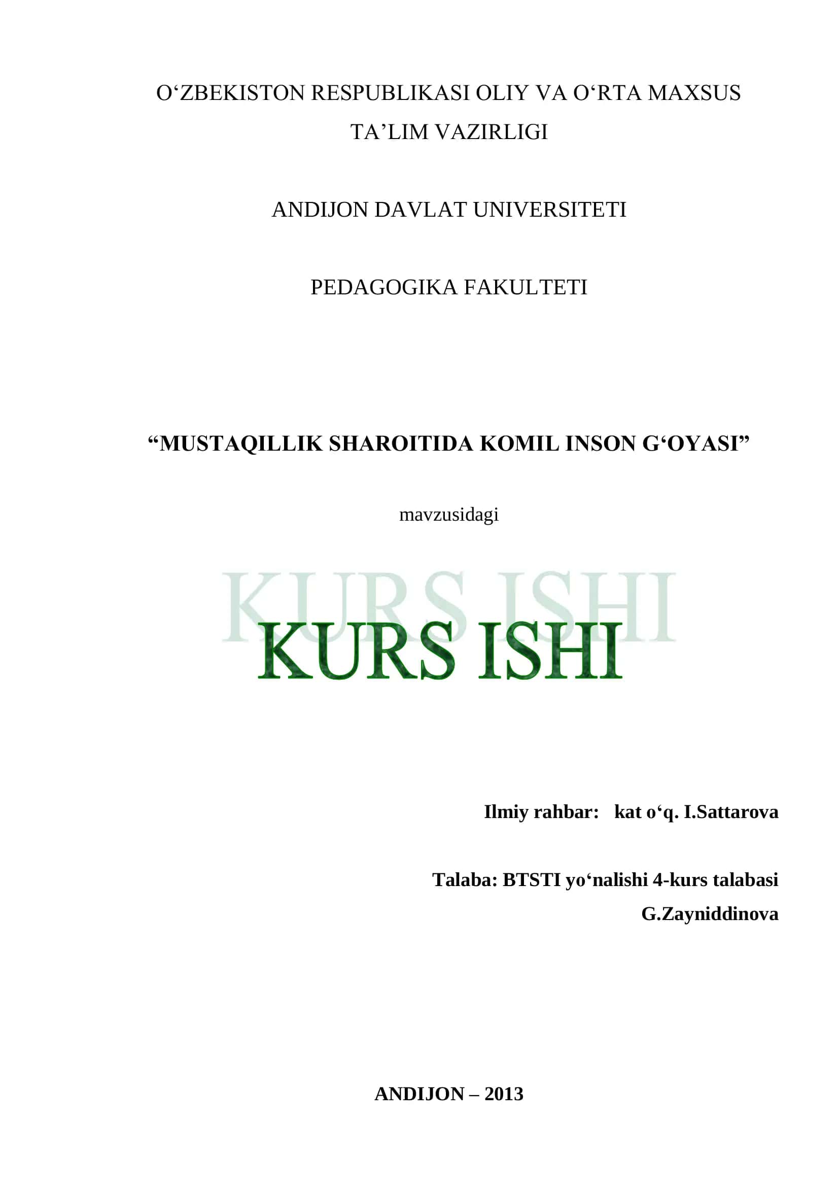 MUSTAQILLIK SHAROITIDA KOMIL INSON G‘OYASI