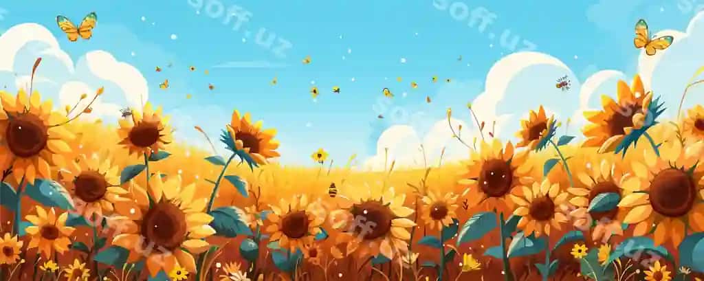 Issiq yozda parlovchi qizilgul maydoni asal va kotibalar shirinlab. | Radiant sunflower field buzzing with bees butterflies warm summer