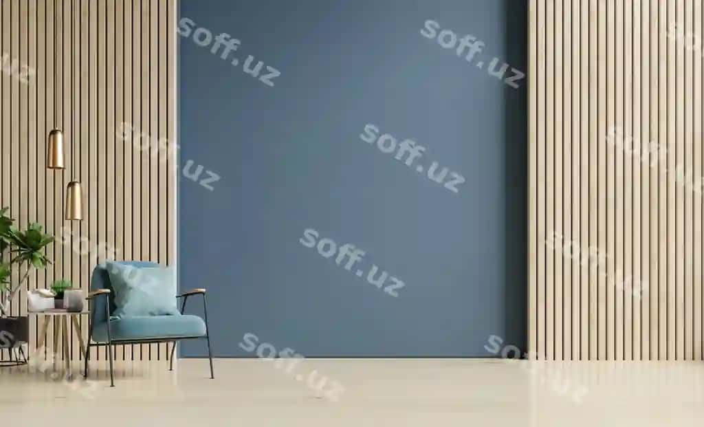 Mehmonxona içki dekoratsiyasi bo'sh to'q ko'k devorli 3D render | Interior living room decoration with empty dark blue wall 3d rendering