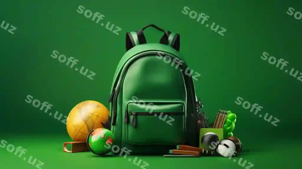 Maktab aksesuarlari yashil orqa fonda, maktab sumkasi bilan | School accessories with school bag green background 2