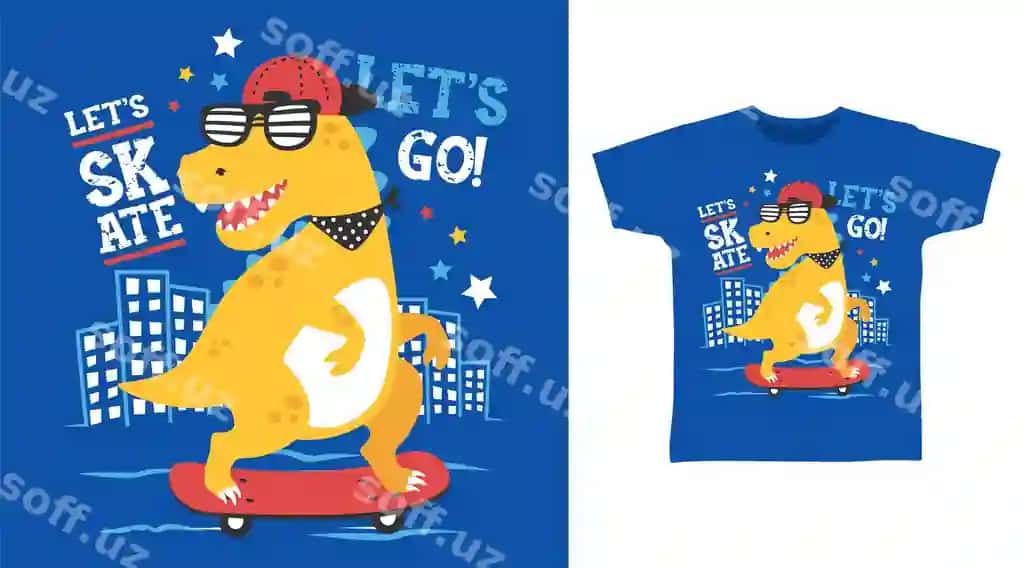Dinosav skateboard karyatura futbolka konseptsiya dizayni | Dinosaur skateboard cartoon tshirt concept design