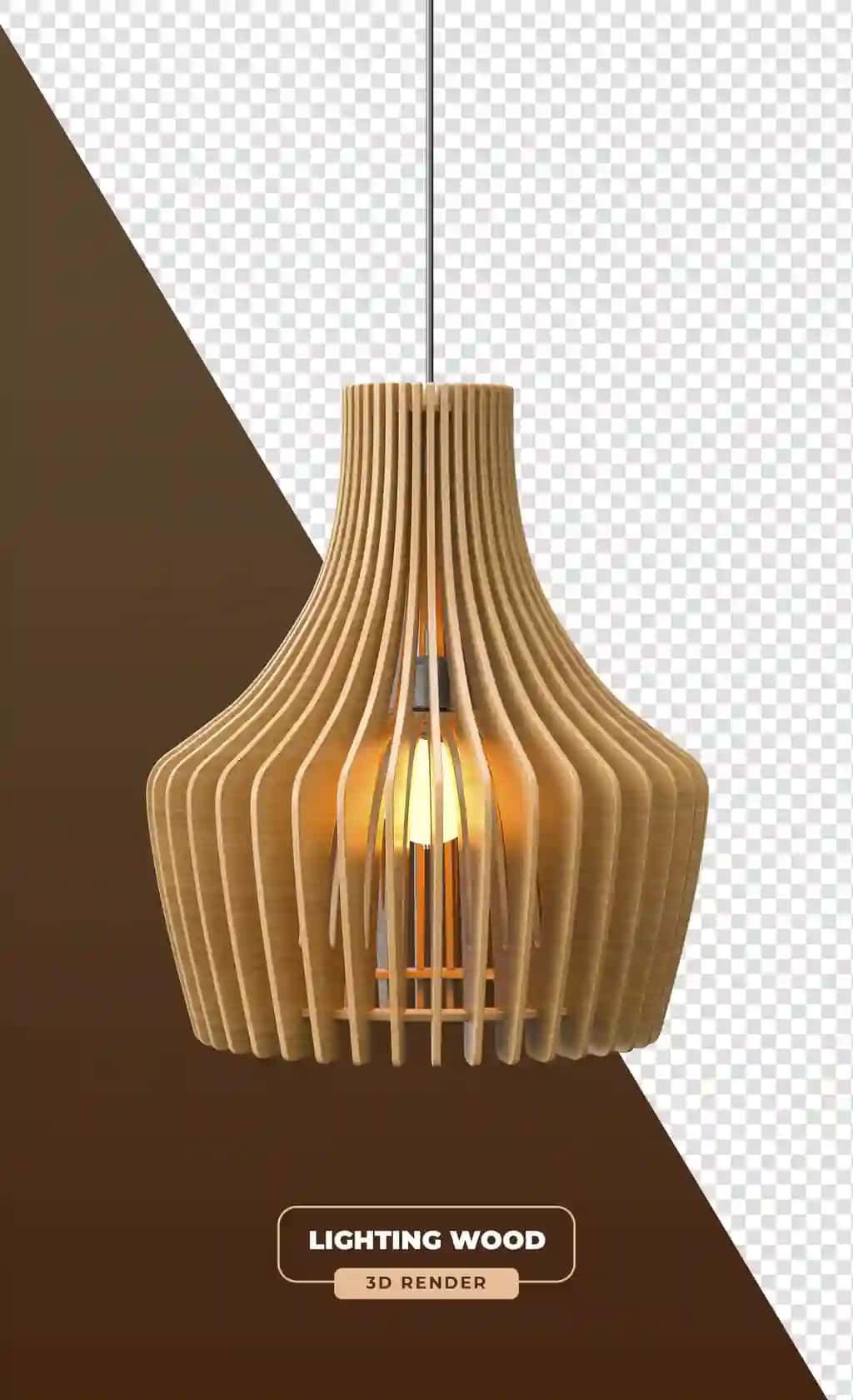 Haykaltaroshlik dizayni bilan 3D renderli egilgan yog'och panjarali marjon chiroq | Curved wooden slat pendant lamp with sculptural design 3d render