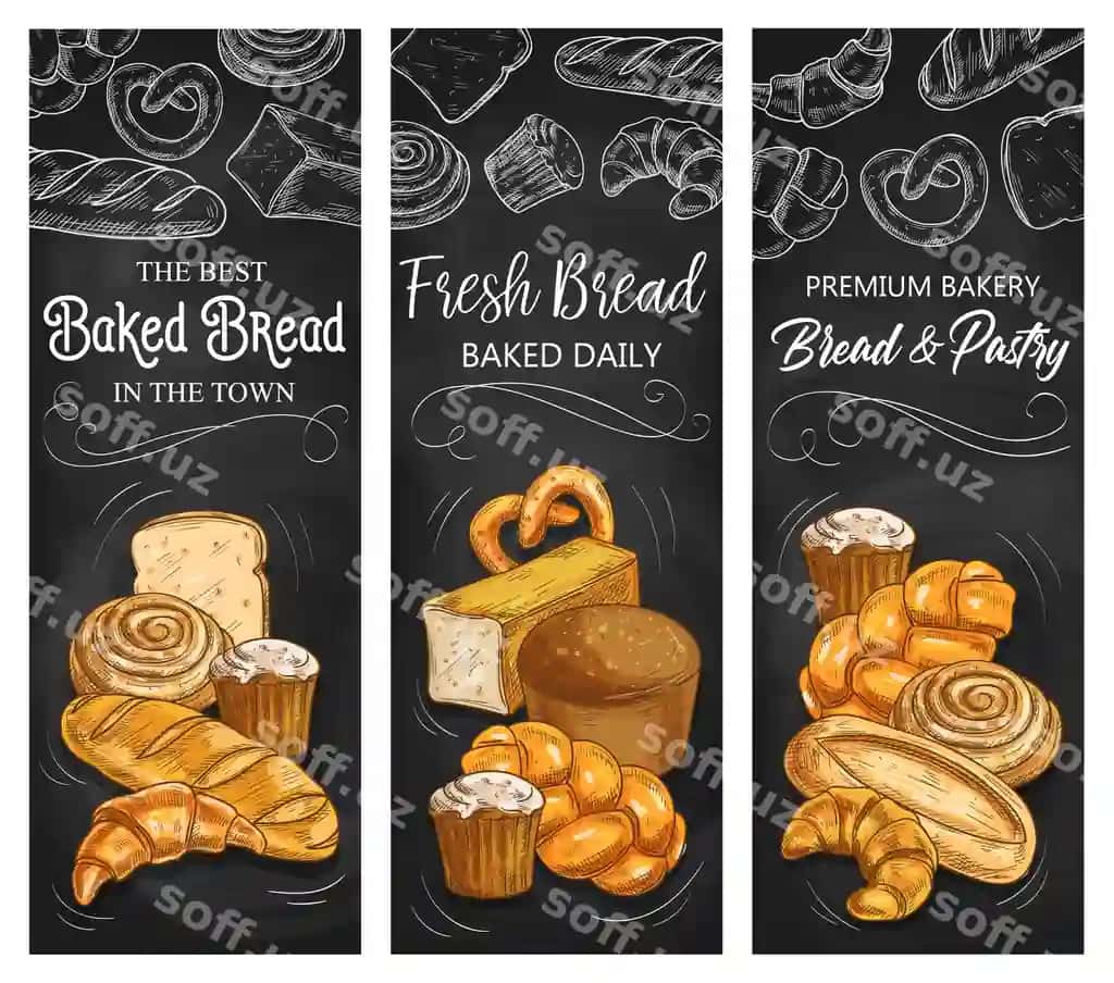 Pechenya Non Patiseriya Buns Chizma Bannerlar | Bakery bread patisserie buns sketch banners 2