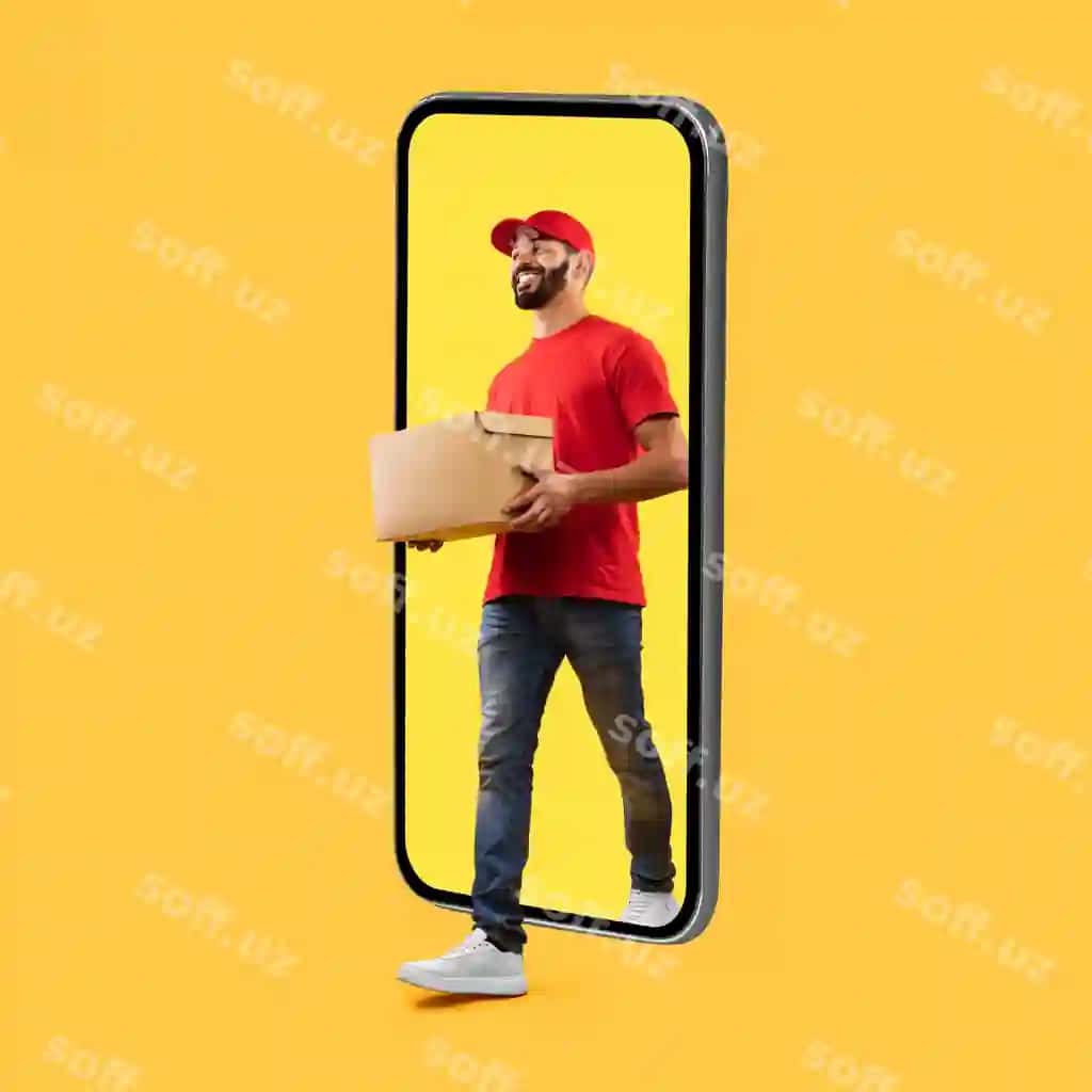 Arab kuryer katta telefon ekrani quticha o'tkazib beruvchi studiyaga kelmoqda | Arab courier coming big phone screen carrying box studio 2