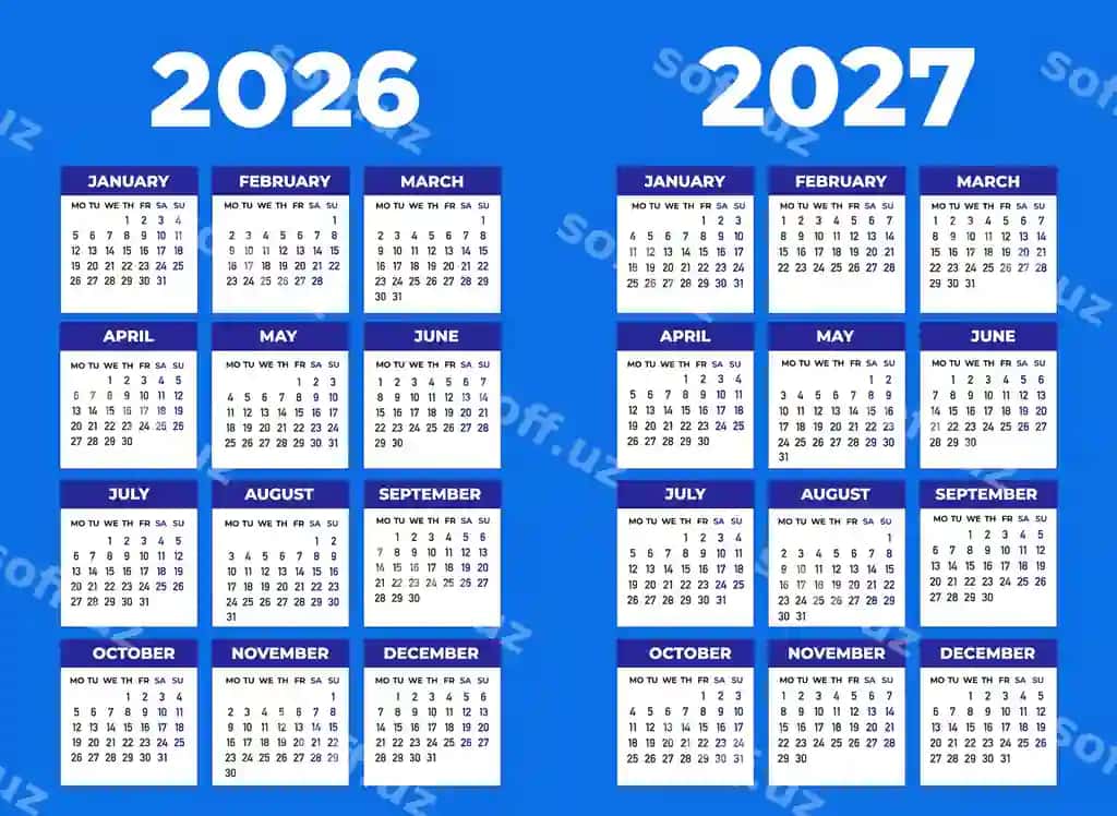Taqvimlar 2026 2027 | Calendars 2026 2027 2