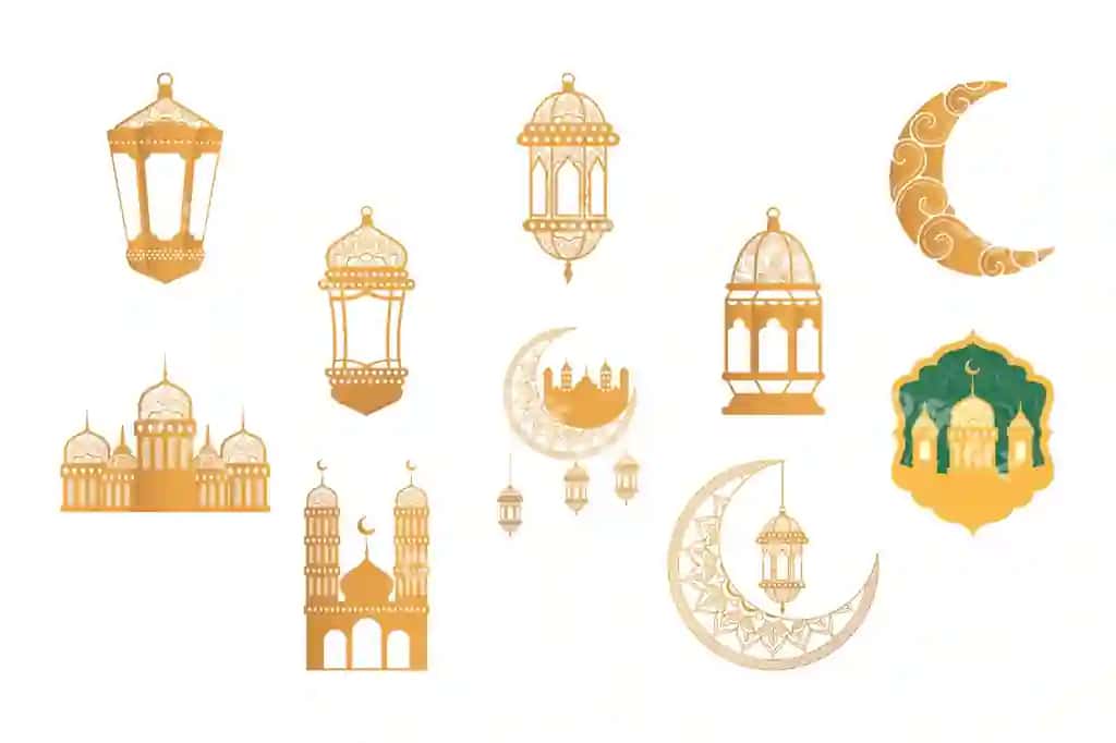 Ramadan kareem tabrik majmuasi oltin komplekt ikonkalar illustratsiyasi | Ramadan kareen celebration bundle golden set icons illustration