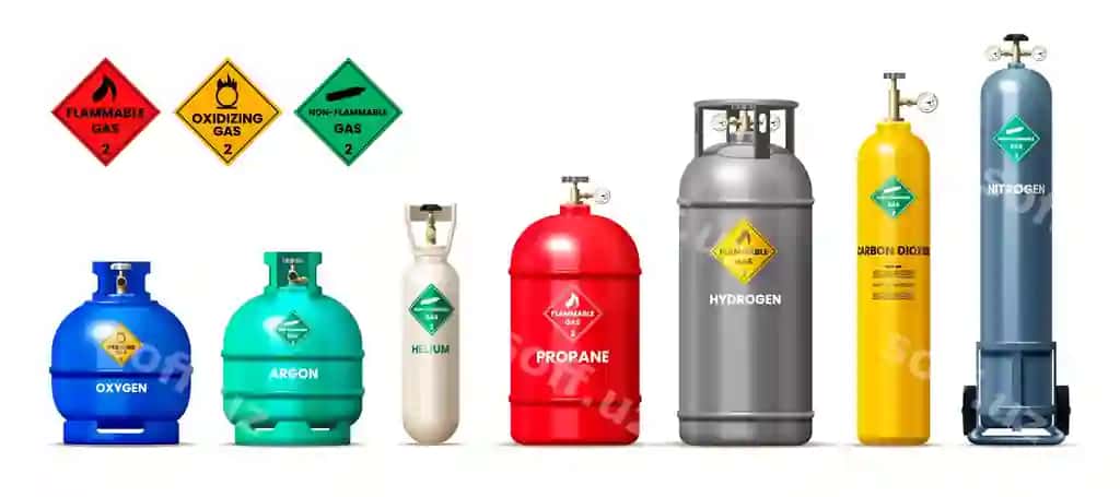 Gaz tsilindrlar realistik komplekt oksidlanuvchi gaz belgilari bilan isolatsiya qilingan | Gas cylinders tanks realistic set with oxidizing gas symbols isolated