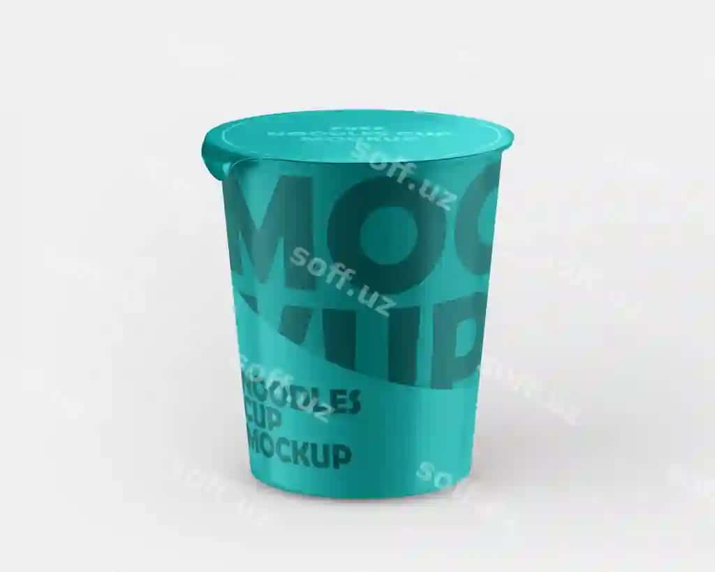 Ko'k moo noodles choy qozon namunasi | Blue container that says moo noodles cup mockup 2