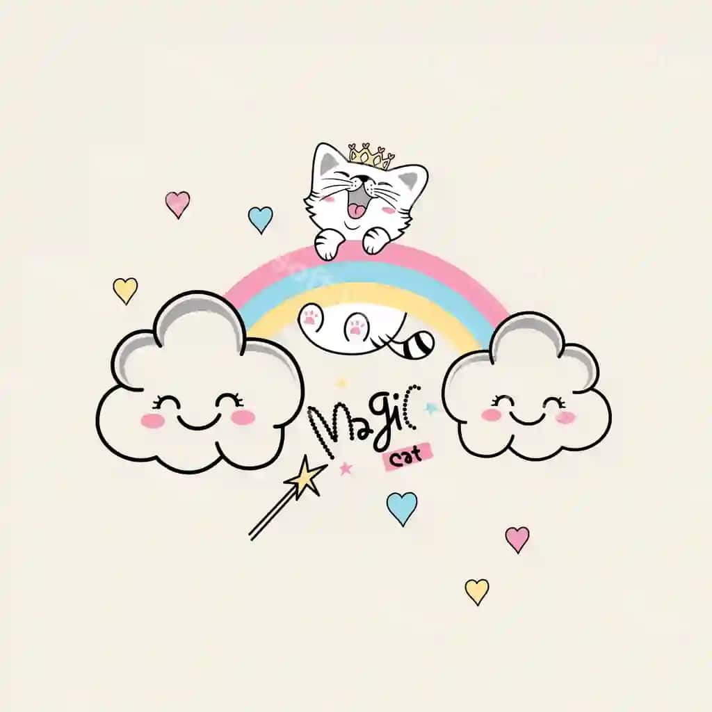Mazali mushuk vektor illustratsiyasi go'zal bulut va ko'k chang'i bilan | Cute cat vector illustration with beautiful cloud rainbow