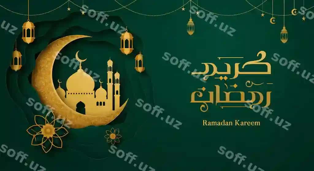 Ramadan kareem tabrik kartochkasi oltin qog'ozdan kesilgan masjid lampochkalari yashil fon. | Ramadan kareem greeting card with gold paper cut mosque lanterns green background