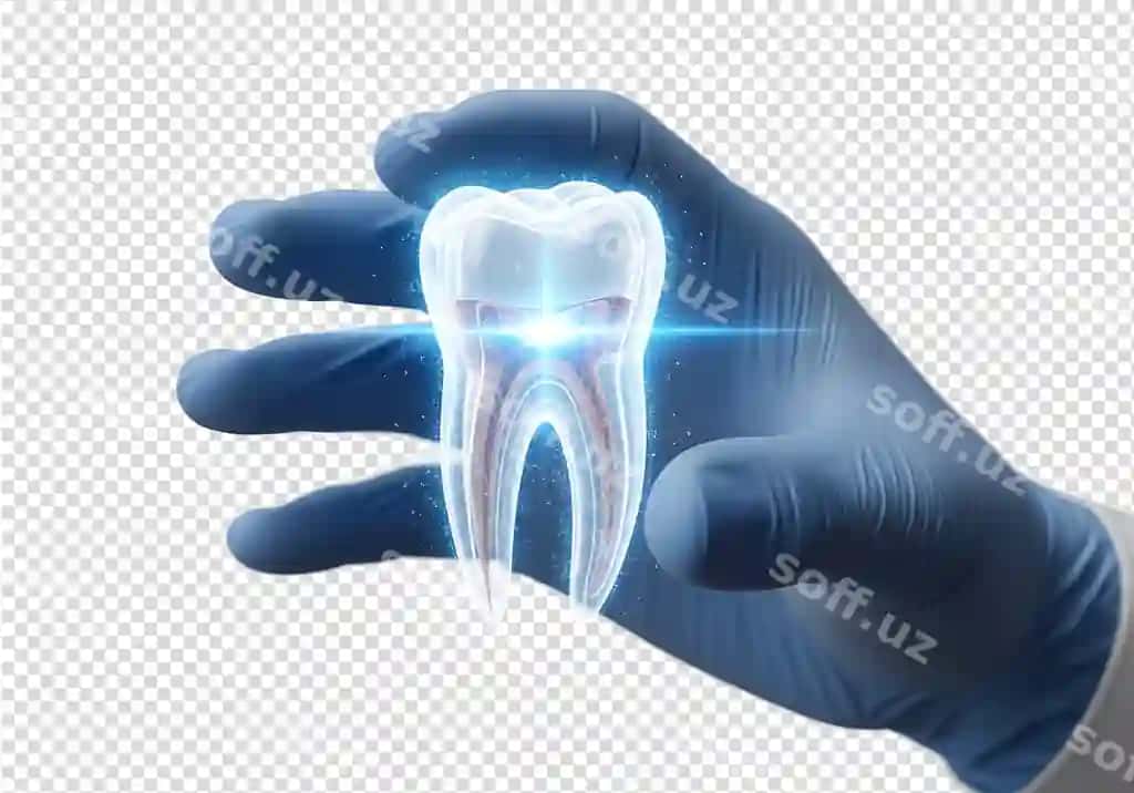Ko'k qo'lqopli qo'l tomonidan tutilgan uch o'lchovli tish, tish salomatligi kontseptsiyasi va og'izgigi salomatligi | 3d tooth held by bluegloved hand dental care concept oral hygiene