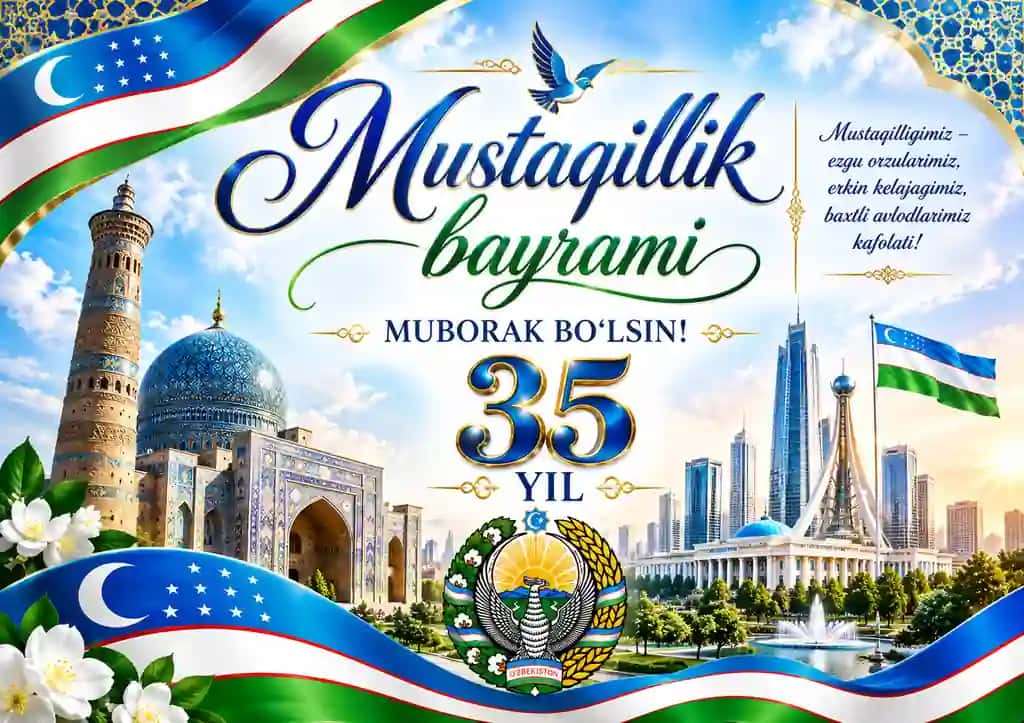 O‘zbekiston Mustaqillik Bayrami — 35 Yillik Muborak Tabriknoma Dizayni