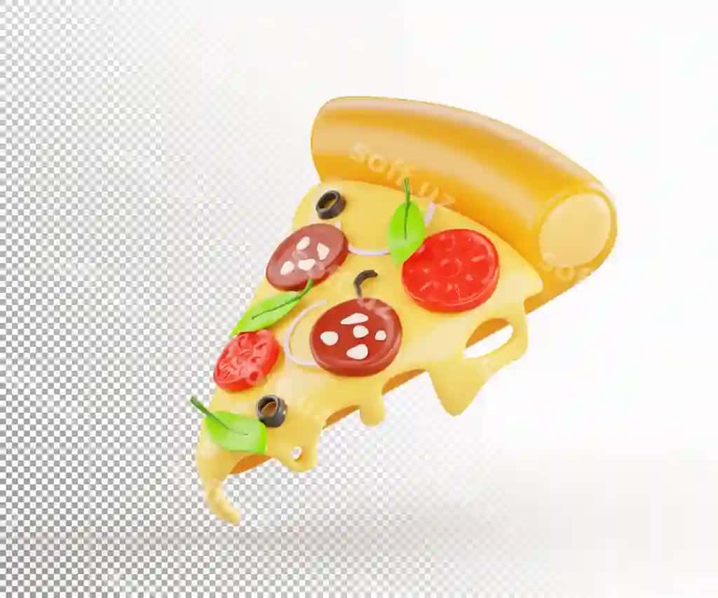Pitsa donasi o'tkazilayotgan eritilgan pishloq va bazil yaproqlari 3d render ikonasi | Pizza slice with flowing melted cheese basil leaves 3d render icon 2