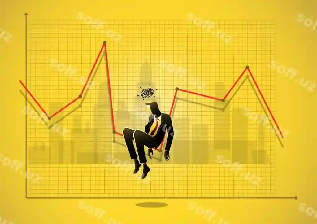 Biznes kontseptsiya illustratsiyasi stresslangan biznesmen pastga o'tiradi. | Business concept illustration stressed businessman sits down downward
