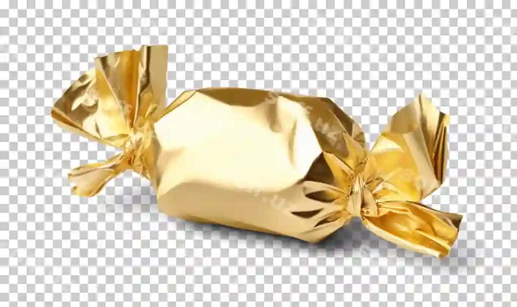 Oltin shirinlik obodasi ajraltirilgan shaffof fonda png psd | Golden candy wrapper isolated transparent background png psd 2