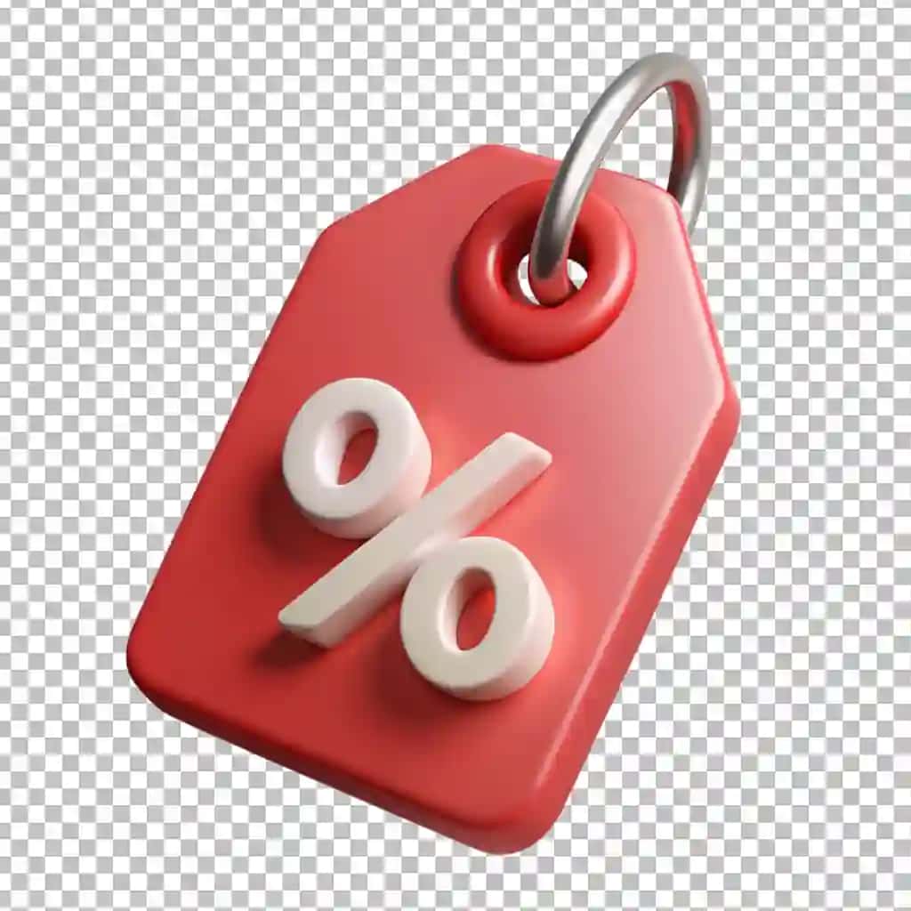 3D render foiz belgisi bilan qizil chegirma yorlig'i | Red discount tag with percentage sign 3d render