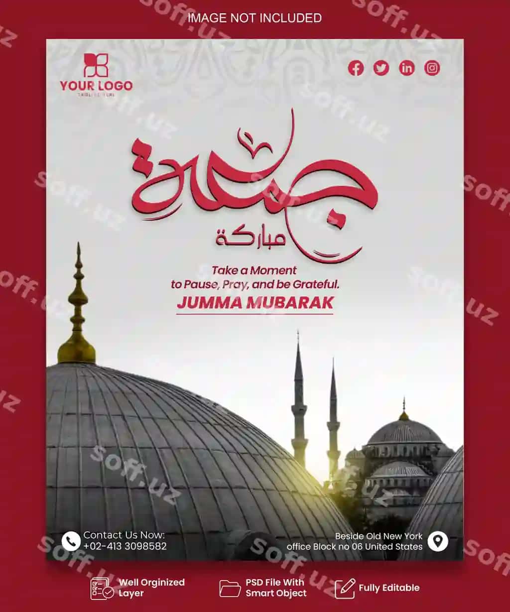 Jumma muborak flyeri masjid va islamiy qalam san'ati bilan | Jumma mubarak flyer with mosque islamic calligraphy
