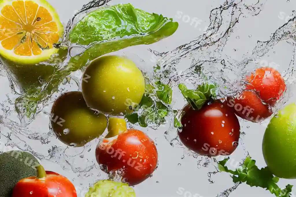 Mevalar va sabzavotlar aniq suvga tushmoqda | Fruits vegetables splashing into clear water
