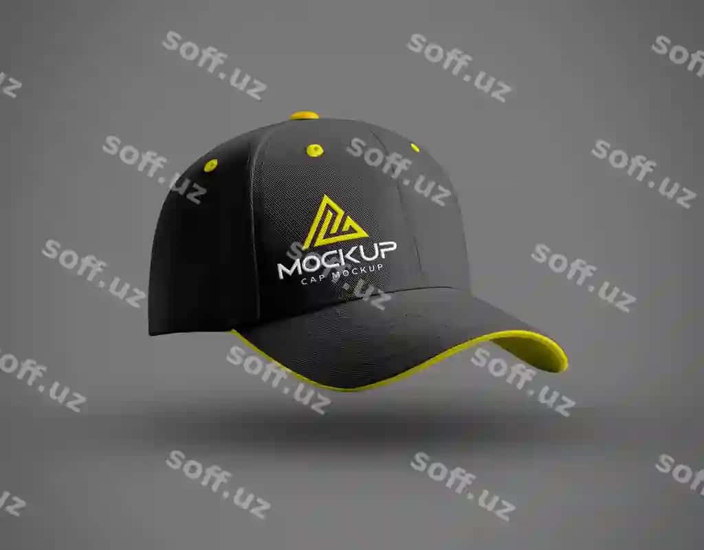 Qora baseball kap namunasi sariq logotip o'qi bilan | Black baseball cap mockup with yellow logo brim 2