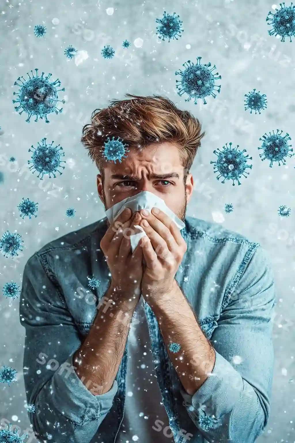 Influenza mavsimi fluz bilan kasal erkak kuchaylab o'tkirish moyka boshim og'ri va burun achiq sovuq chuqilgan allergiya belgisi studiya surati ajralangan ko'k fon | Influenza season unhealthy flusick man sneezing loudly tissue feeling unwell with runny nose caught cold allergy symptom studio shot isolated blue background