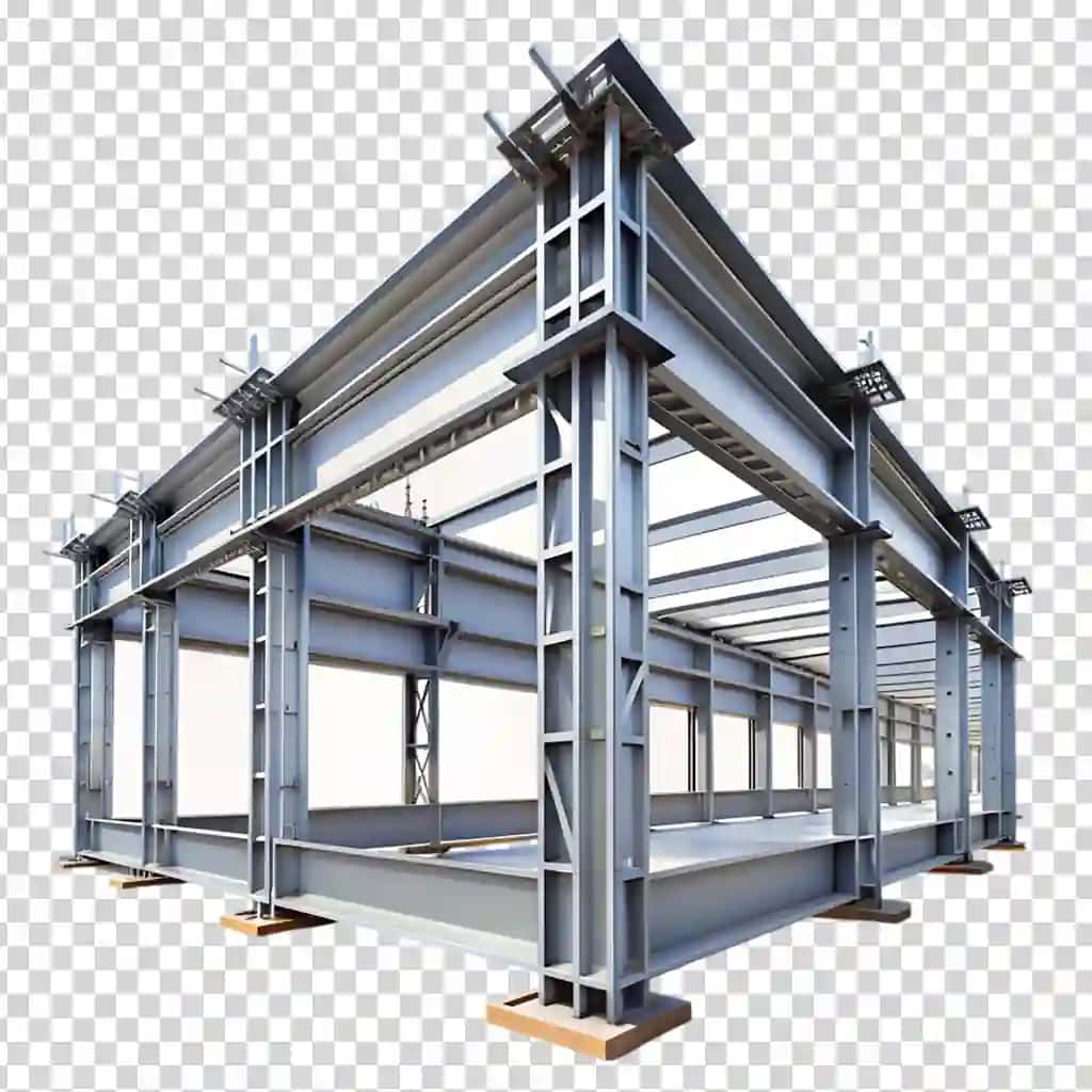 Moviy nurli metall bino shaffof fonni qo'llab-quvvatlaydi | Metal building with blue beams supports transparent background