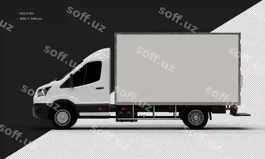 Ajraltirilgan realistik parqli oq transit quti van chap tomondan ko'rinish | Isolated realistic shiny white transit box van from left side view