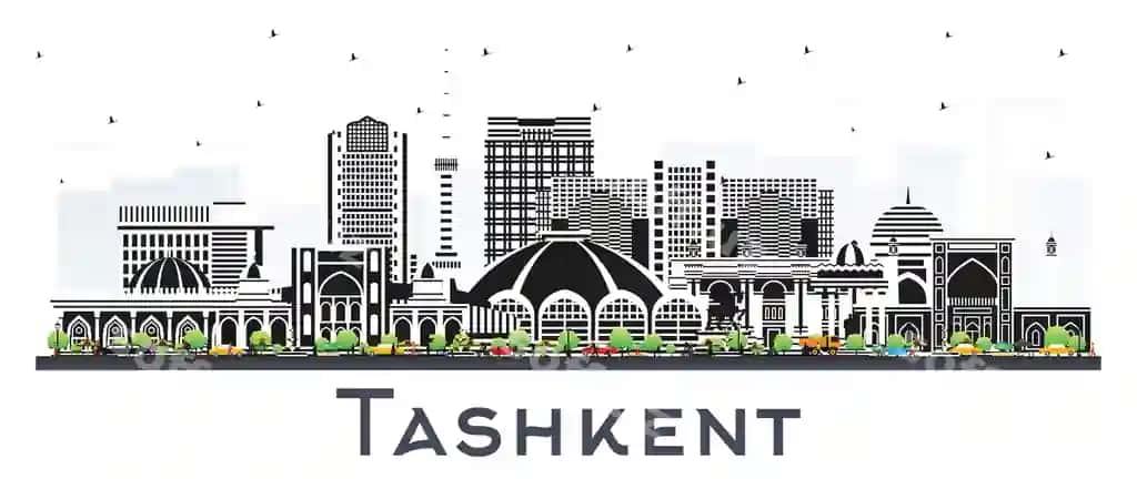 Toshkent, Oʻzbekiston shahar konturu rangli binolari oq fonda ajraltirilgan | Tashkent uzbekistan city skyline with color buildings isolated white
