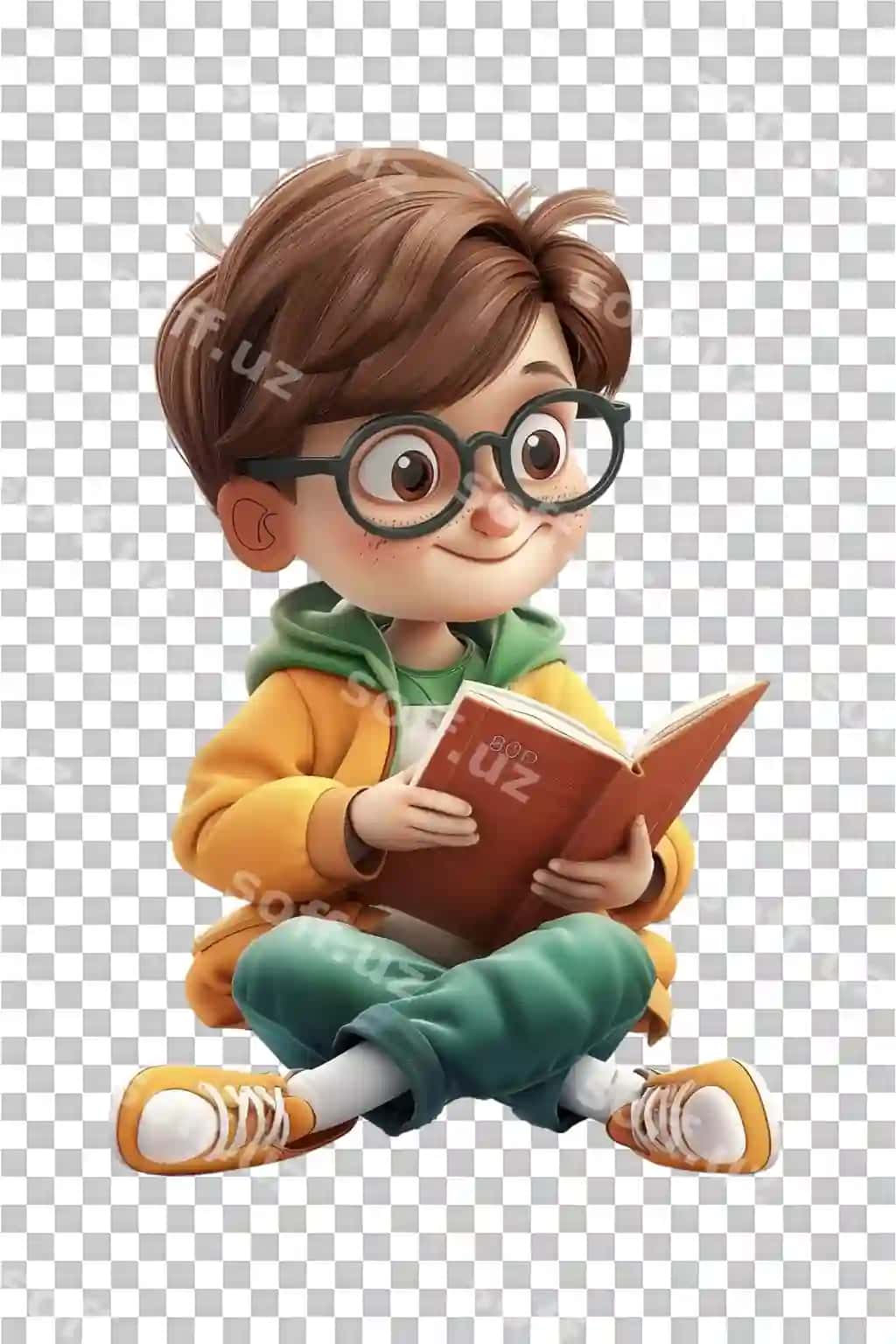 O'g'il talaba kitob o'qiyotgan shaffof fonda ajraltirilgan | Boy student reading book isolated against transparent background