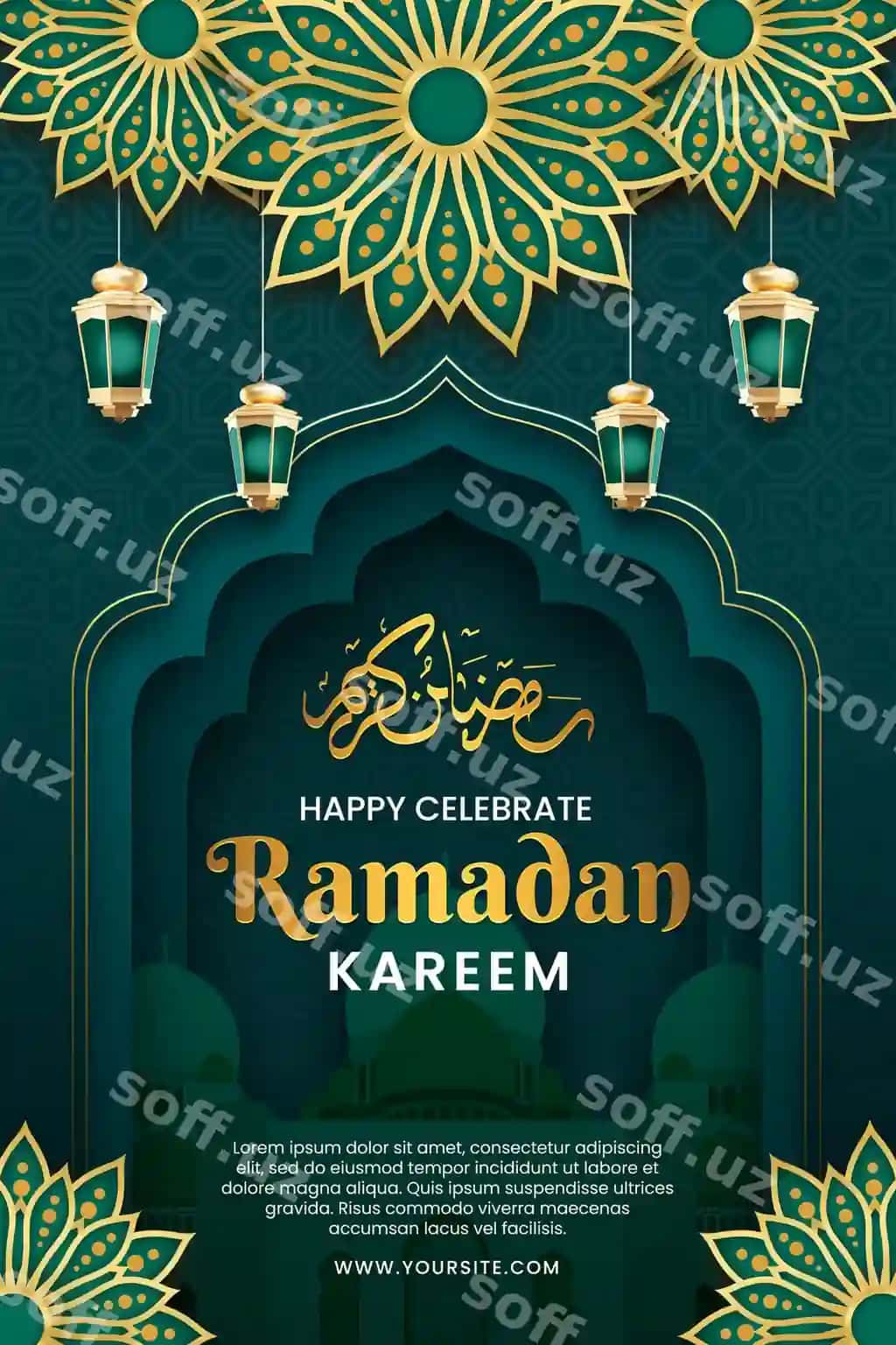 Paster Ramazon, yashil fon bilan, so'zlar: baxrom, Ramazon tabriklash | Poster ramadan with green background words happy celebrate ramadan 2