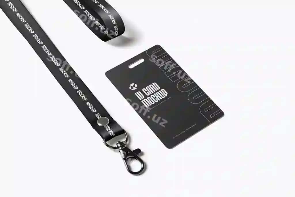 Qora identifikatsiya kartasi namunasi lanyard bilan oq fon. | Black id card mockup with lanyard white background 2