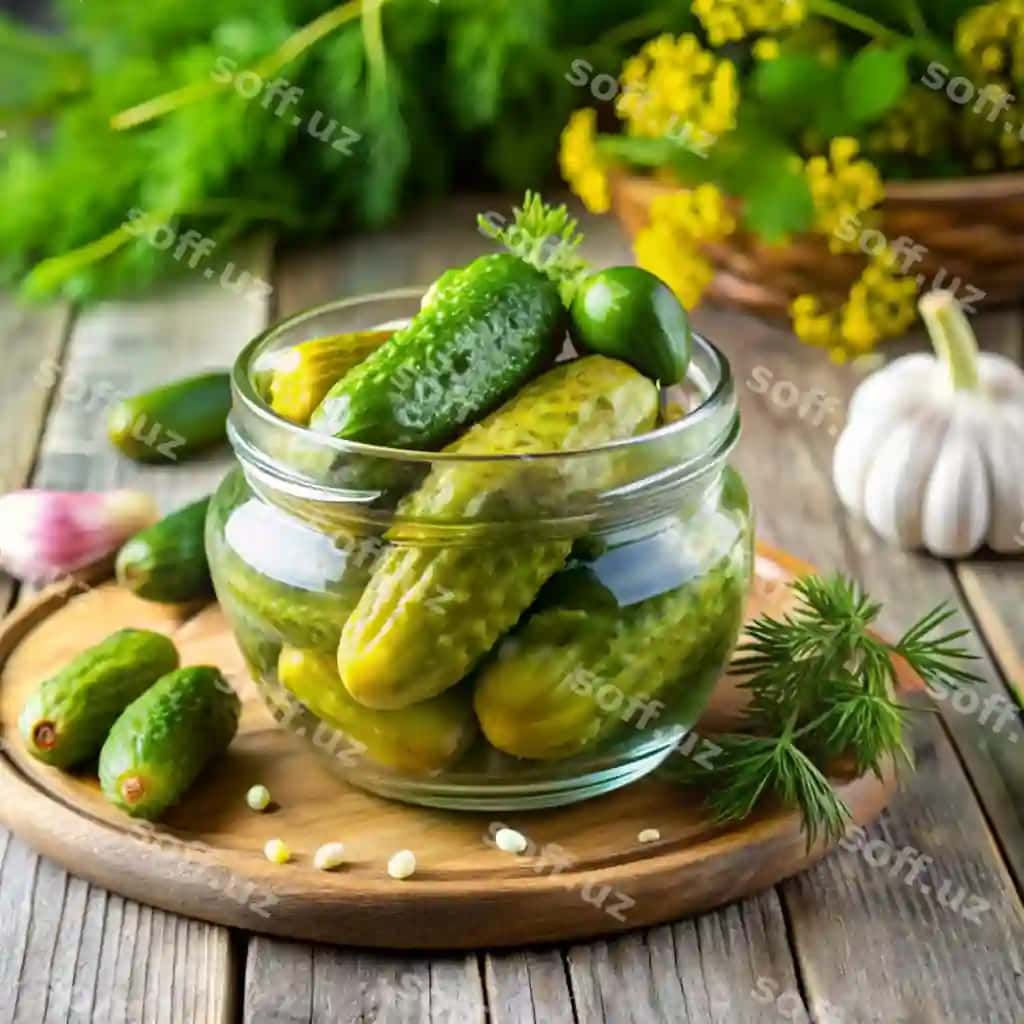 Atirguch qurdiu yorqin yog'ochli yuzda joylashgan | Pickled cucumbers arranged light wooden surface