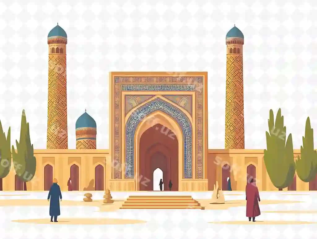 Rasmda masjid, erkak va ayol o'z oldiga turgan. | Picture mosque with man woman standing front it