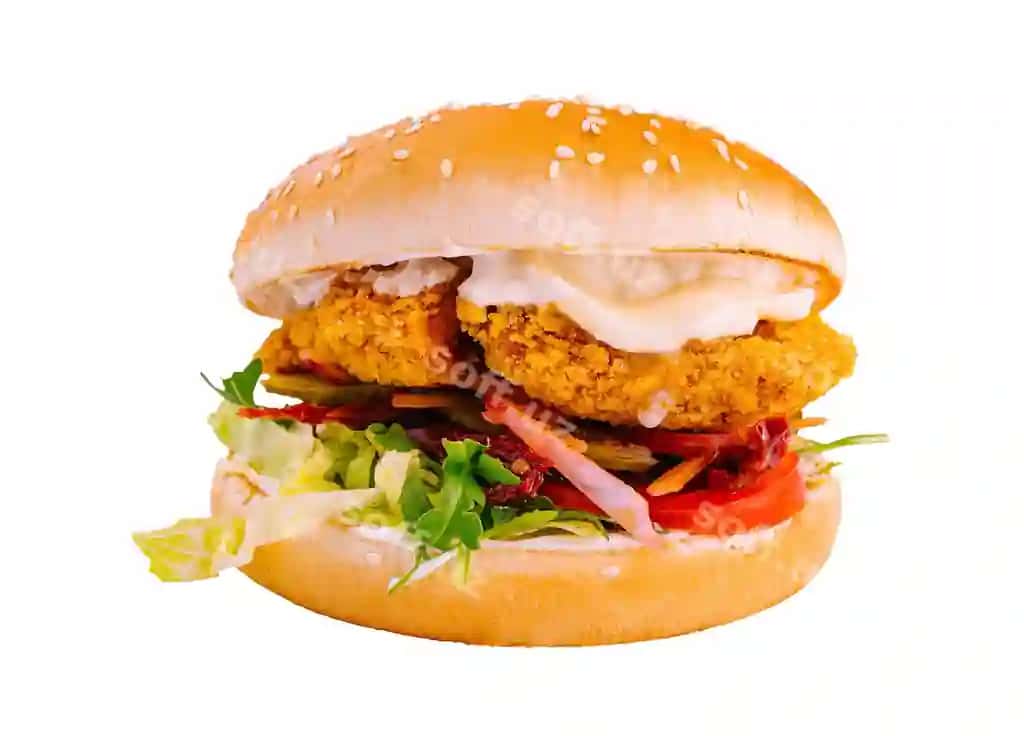 Qurqat tovuq burgeri ajraltirilgan oq | Crispy chicken burger isolated white 2