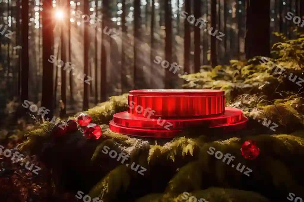 Doira qizil plastik podium tuzilmasi kristall oʻrmoni bilan | Round red plastic podium composition with crystal forest
