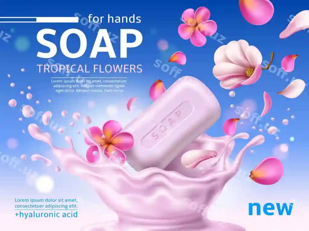 Sovun batonidagi haqiqiy pushti gullar vanna kosmetikasi bilan bezatilgan plakat | Soap bar poster realistic pink flowers splash with bath cosmetic