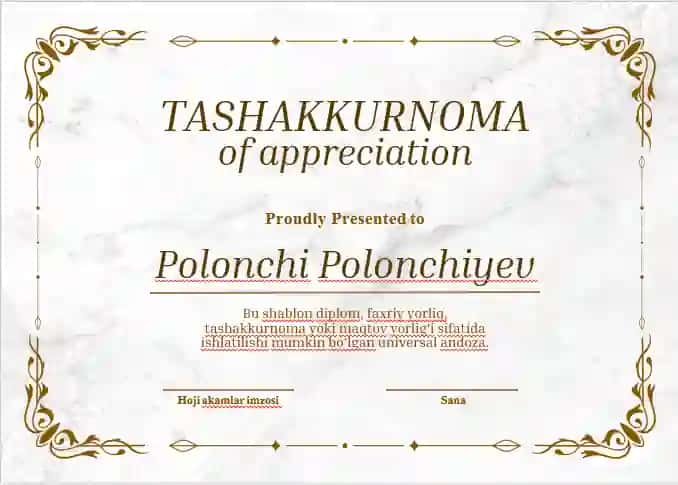 TASHAKKURNOMA shablon tayyori andoza